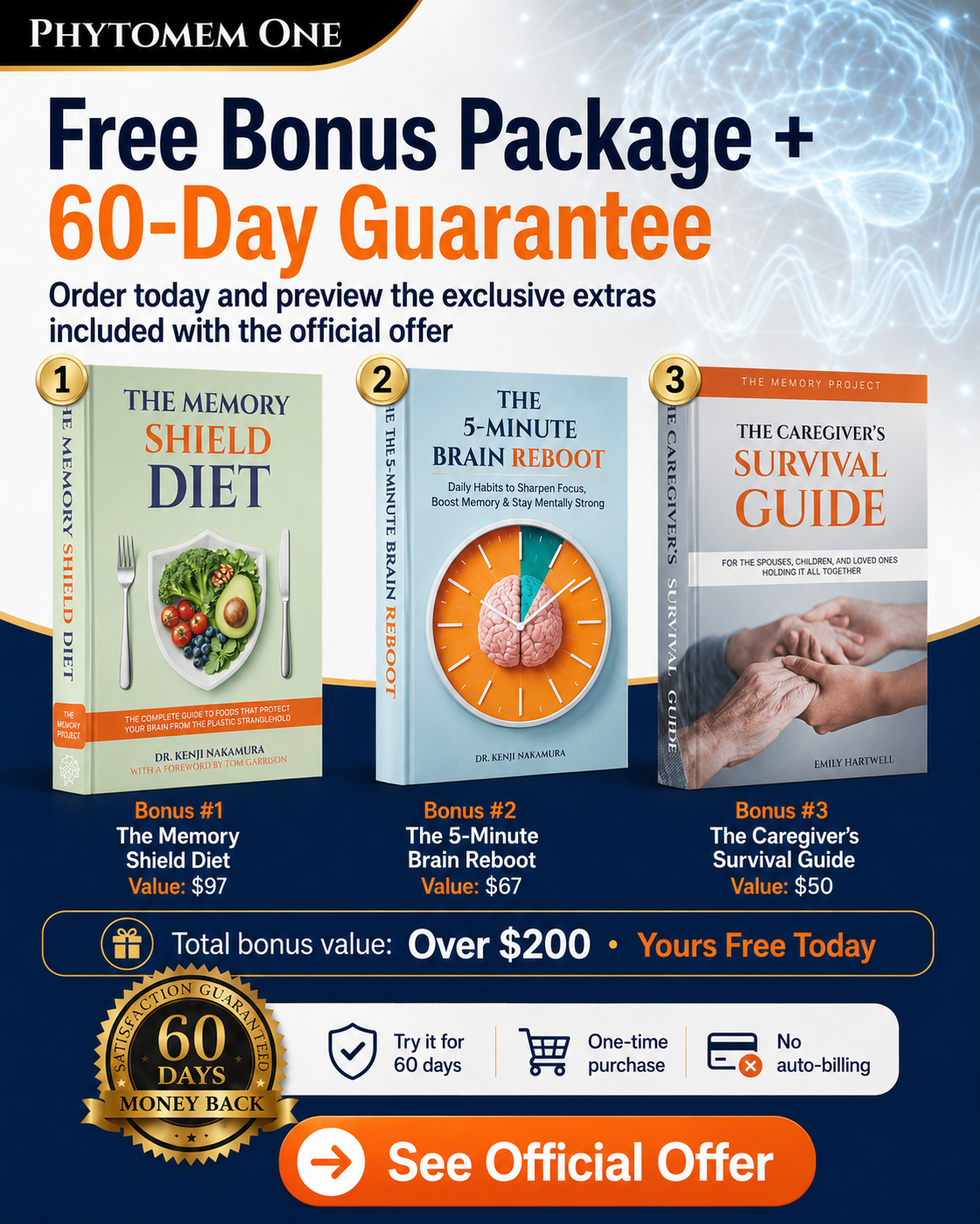 Phytomem One free bonus package and 60-day guarantee